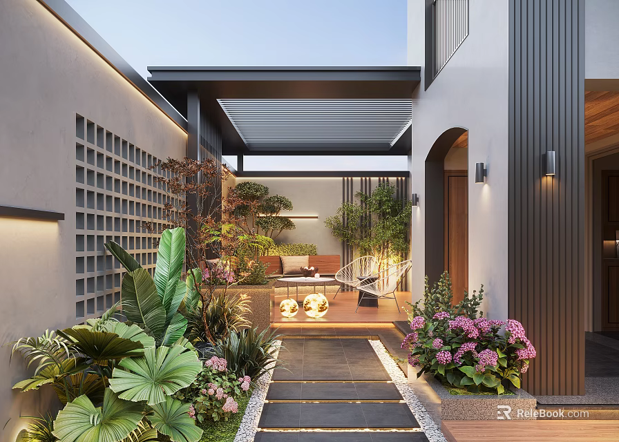 Serene Garden With Lush Greenery Pink Flowers Stone Pathway Wooden Deck And Ambient Lighting 3d model 