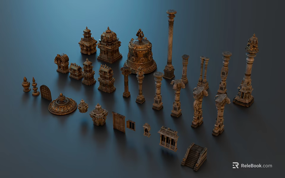Ornate Traditional Architectural Components With Carved Columns Towers Doors And Stairs 3d model 