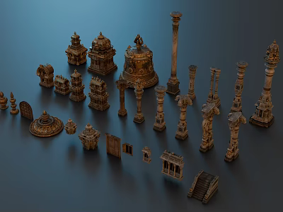 Ornate Traditional Architectural Components With Carved Columns Towers Doors And Stairs 3d model