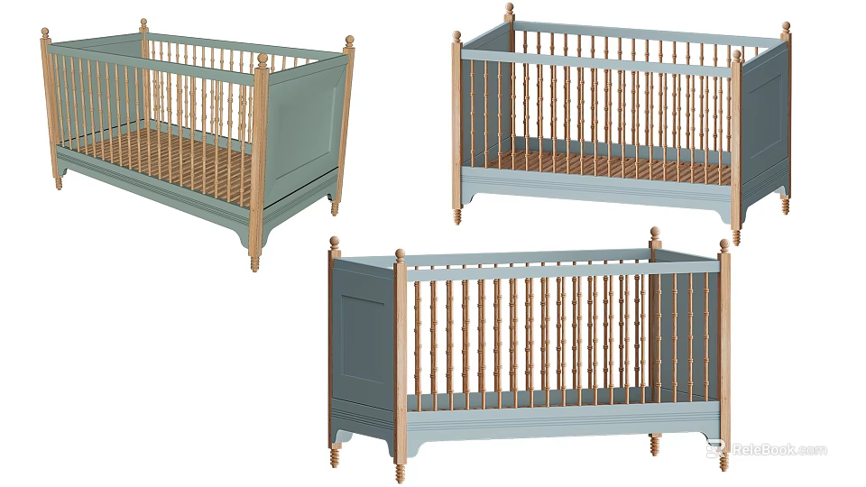 Three Wooden Baby Cribs With Light Blue And Soft Green Finish And Classic Railings 3d model 