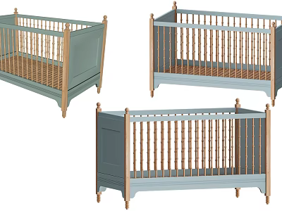 Three Wooden Baby Cribs With Light Blue And Soft Green Finish And Classic Railings 3d model