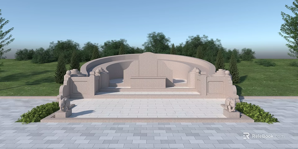 Ancient Circular Stone Architecture With Stone Steps And Lion Statues Surrounded By Trees And Lawns 3d model 