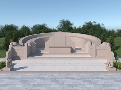 Ancient Circular Stone Architecture With Stone Steps And Lion Statues Surrounded By Trees And Lawns 3d model