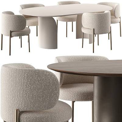 Soft Upholstered Dining Chairs In Modern Design With Round Wooden Table And Metal Legs 3d model