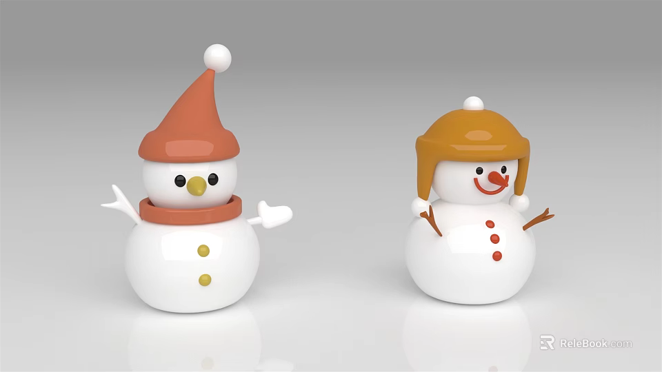 Cute Snowman Figurines With Orange And Brown Hats White Bodies And Smiling Faces 3d model 