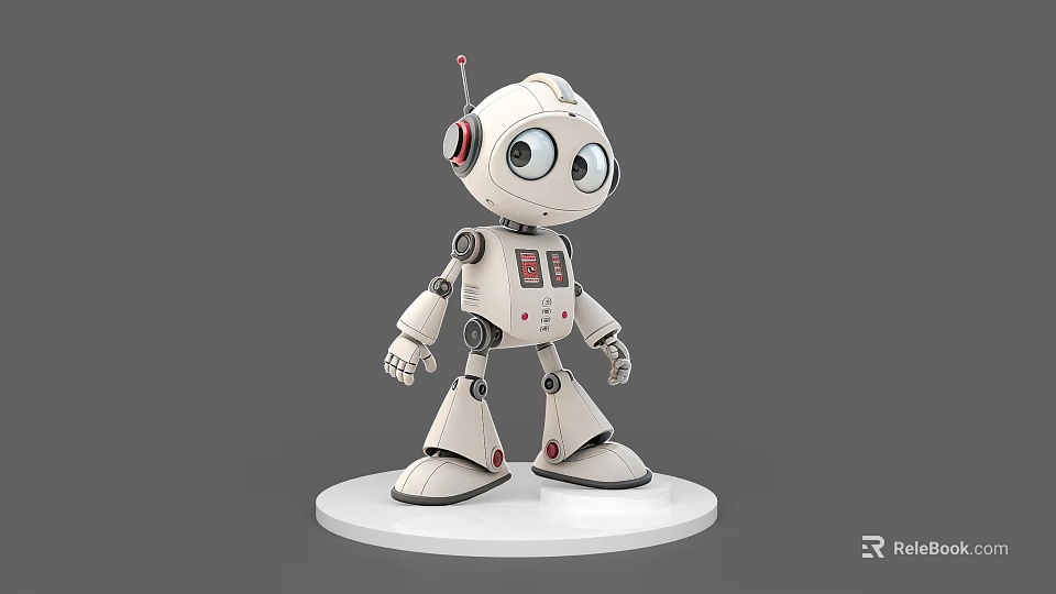 Cute White Robot Game Movie Character With Big Eyes And Red Details Standing On Base 3d model 