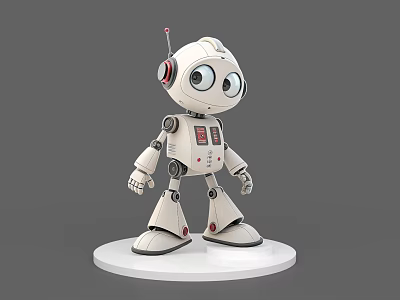 Cute White Robot Game Movie Character With Big Eyes And Red Details Standing On Base 3d model