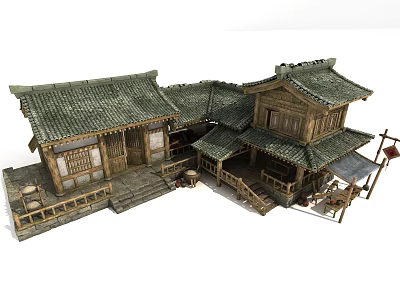 Cartoon Scene of Chinese Traditional Architecture with Wooden Structure Tile Roof Courtyard and Lantern 3d model