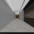 Office Corridor With White Marble Walls Floor Wooden Decorative Wall Ceiling Light Strips End Door