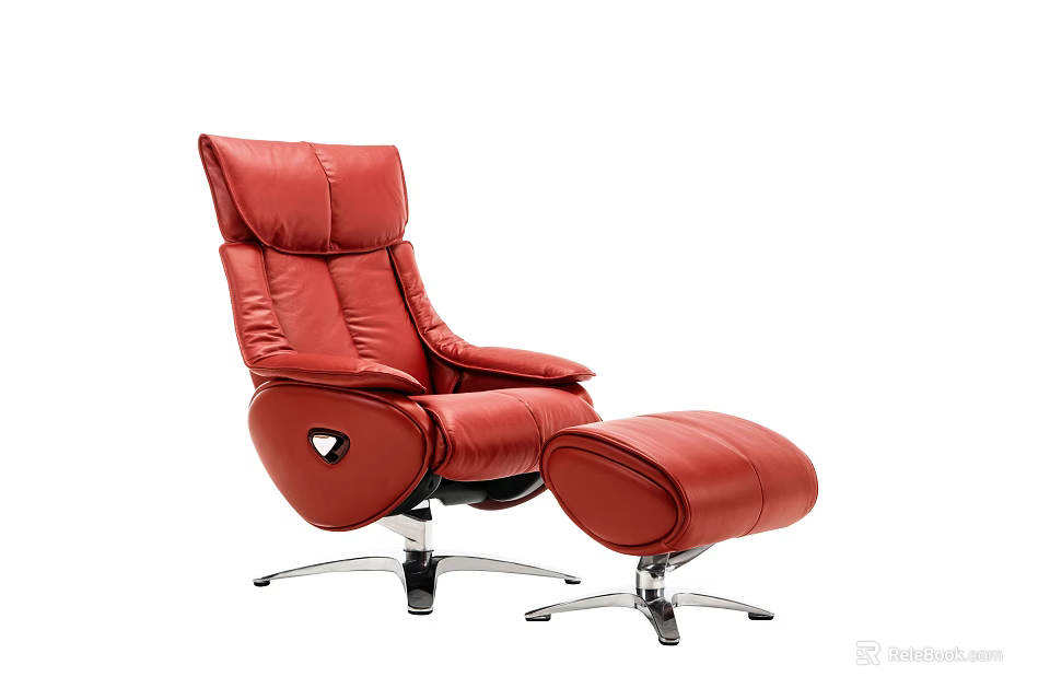 Red Leather Single Recliner Sofa With Matching Ottoman And Modern Metal Base 3d model 