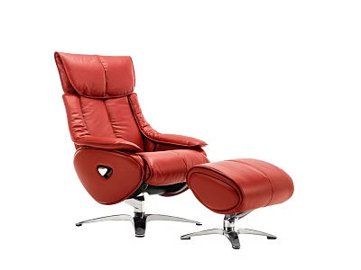 Red Leather Single Recliner Sofa With Matching Ottoman And Modern Metal Base 3d model