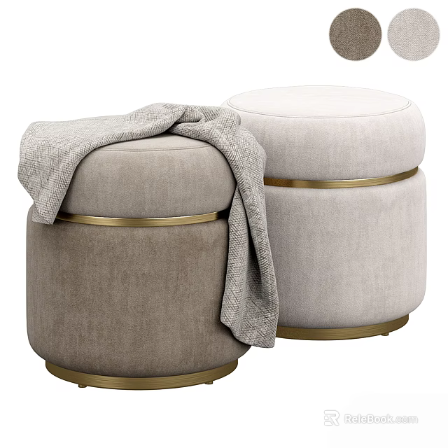 Elegant Round Ottoman Light Gray And Beige With Gold Metal Rings And Soft Blanket 3d model 