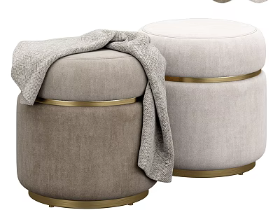 Elegant Round Ottoman Light Gray And Beige With Gold Metal Rings And Soft Blanket 3d model