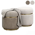 Elegant Round Ottoman Light Gray And Beige With Gold Metal Rings And Soft Blanket