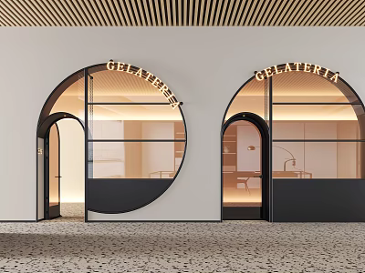 Gelateria Circular Entrance Doors With Modern Glass Panels Black Frames And Textured Flooring 3d model
