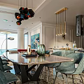 Modern Dining and Living Room Interior With Red Sofa Abstract Painting Pendant Lights And Chairs