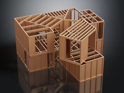 Wooden House Frame Structure Model With Support Beams And Roof Framing 3d model