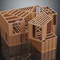 Wooden House Frame Structure Model With Support Beams And Roof Framing