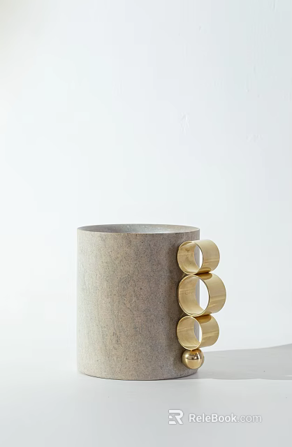 Gray Ceramic Vessel With Three Gold Ring Shaped Decorations On White Background 3d model