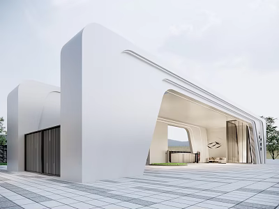 Modern White Entrance Gate With Sleek Curved Design And Spacious Stone Paved Area 3d model