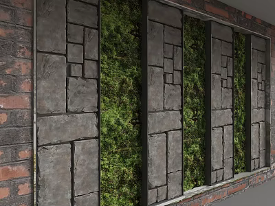 Modern Interior Brick Feature Wall With Alternating Stone Panels And Green Plant Sections 3d model