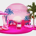 Pink Summer Photo Setup With Palm Trees Flamingos Surfboard Umbrella And Deck Chair 3d model