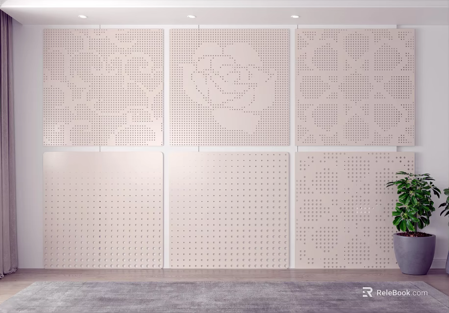 Perforated Wall Decor Panels With Various Patterns And Green Indoor Plant 3d model
