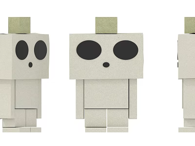 Three Wooden Building Block Figures With Big Eyes And Different Facial Expressions 3d model