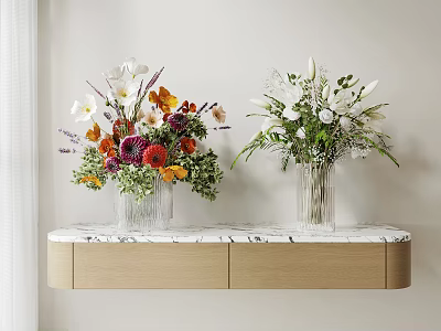 Colorful And White Flowers Arranged In Glass Vases On Marble Top Wooden Cabinet 3d model