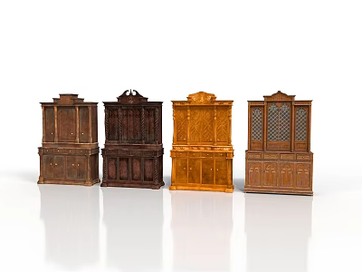 Four Various Styles Wooden Cabinets With Classic Carvings And Lattice Details In Different Brown Tones 3d model