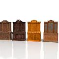 Four Various Styles Wooden Cabinets With Classic Carvings And Lattice Details In Different Brown Tones