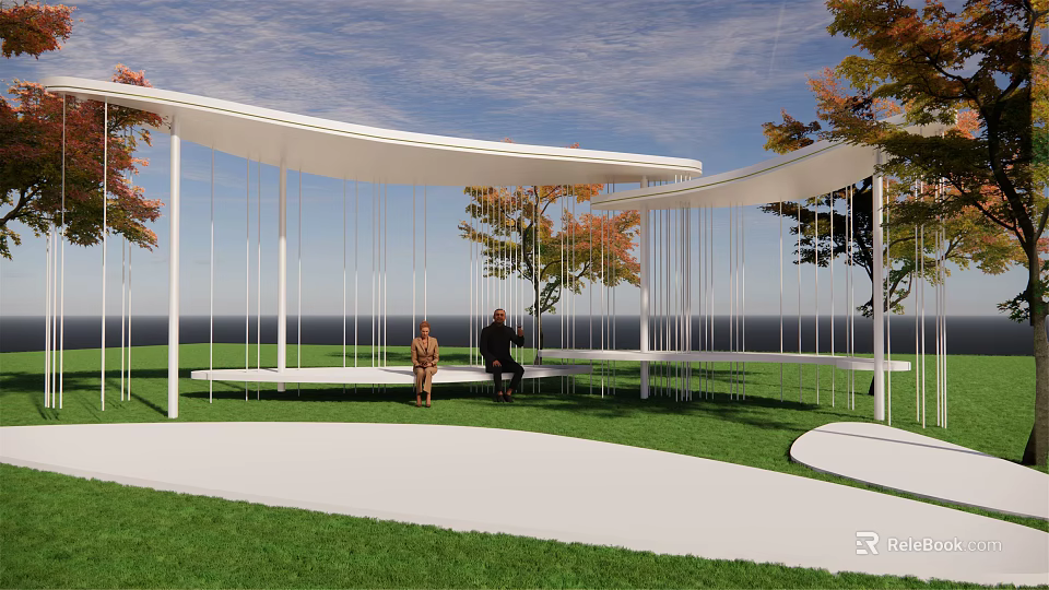 Curved White Pergola With Seating And People On Green Lawn Ocean View 3d model 