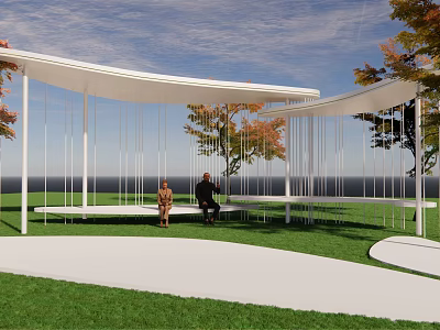 Curved White Pergola With Seating And People On Green Lawn Ocean View 3d model