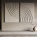 Two Panel Textured Wall Decor With Wavy Lines Neutral Tone Fireplace And Vase 3d model