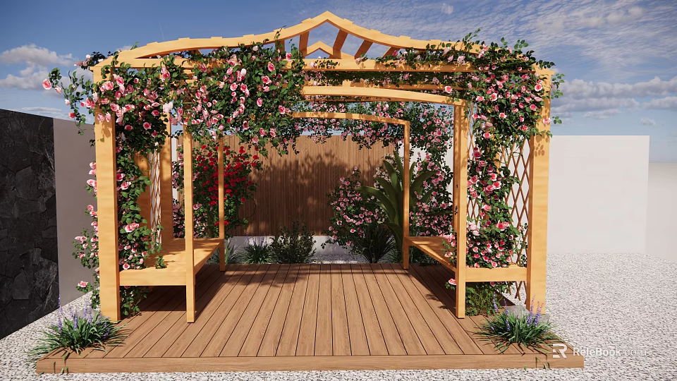 Garden Courtyard with Wooden Pergola Climbing Pink Red Flowers Built in Benches and Wooden Deck 3d model 