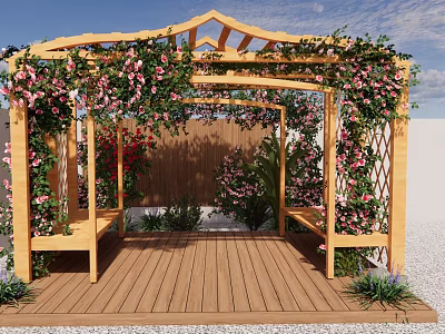 Garden Courtyard with Wooden Pergola Climbing Pink Red Flowers Built in Benches and Wooden Deck 3d model