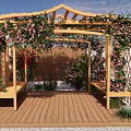 Garden Courtyard with Wooden Pergola Climbing Pink Red Flowers Built in Benches and Wooden Deck
