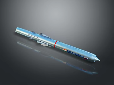 Shiny Silver Missile Weapon with Red Stripe PRARAMS Label and Streamlined Metallic Surface Design 3d model
