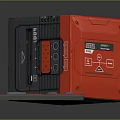 Modern Red Home Entertainment Appliance with Remote Control and Digital Display Feature