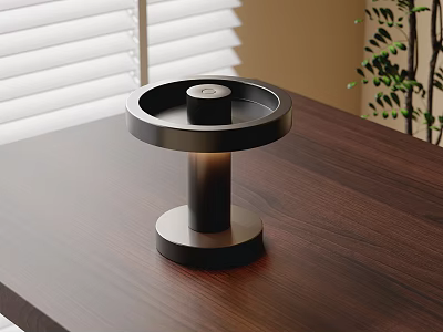 Minimalist Modern Table Lamp on Wooden Desk with Window Blinds and Green Plant Background 3d model