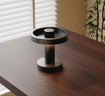 Minimalist Modern Table Lamp on Wooden Desk with Window Blinds and Green Plant Background 3d model