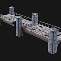Wooden Bridge Structure With Stone Pillars And Wooden Planks Railings