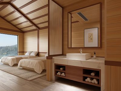 Hotel Guest Room With Wooden Interior Twin Beds Large Window Mountain View Marble Countertop 3d model