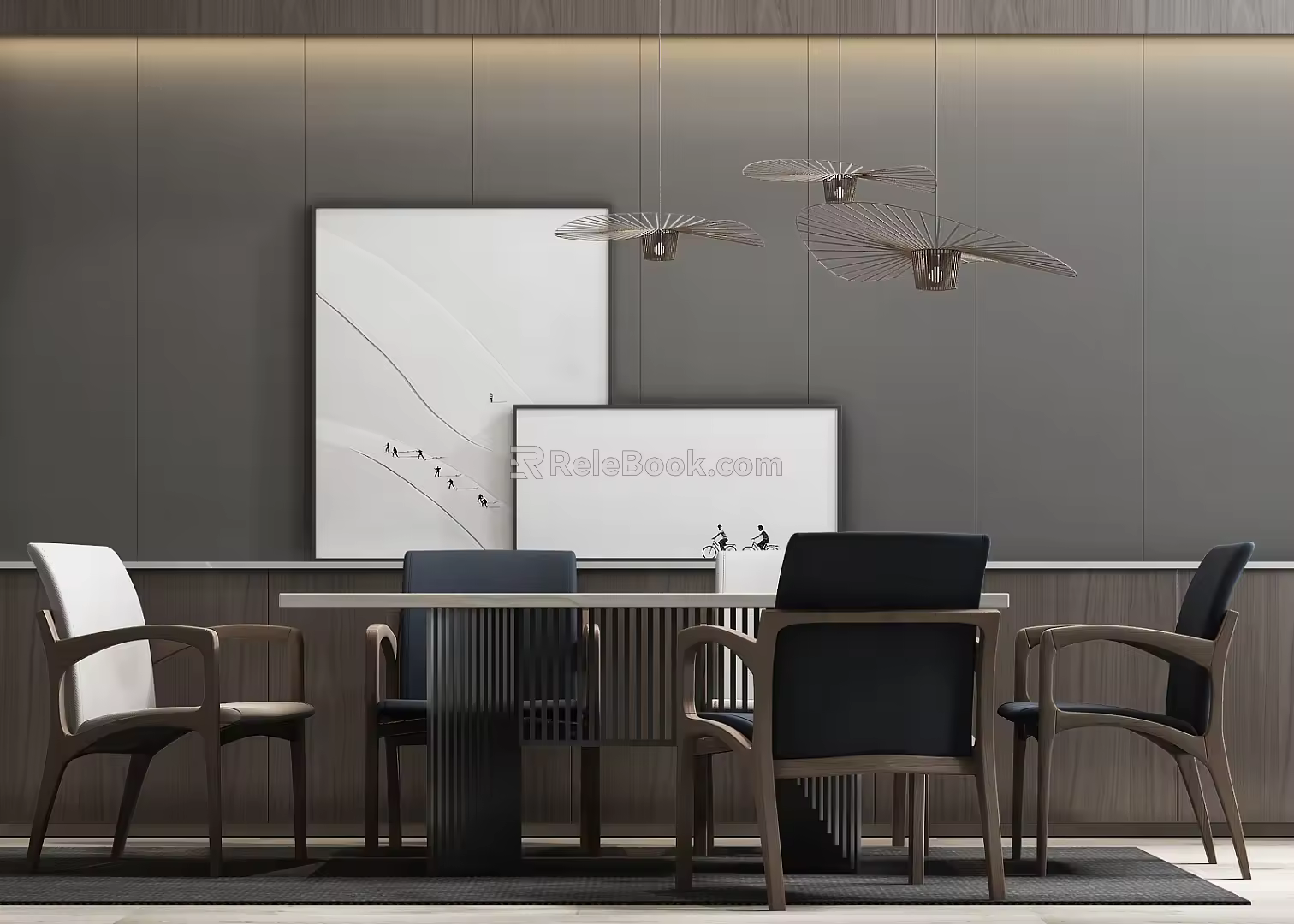 New Chinese Dining Table and Chair Combination Table and Chair Chandelier 3d model