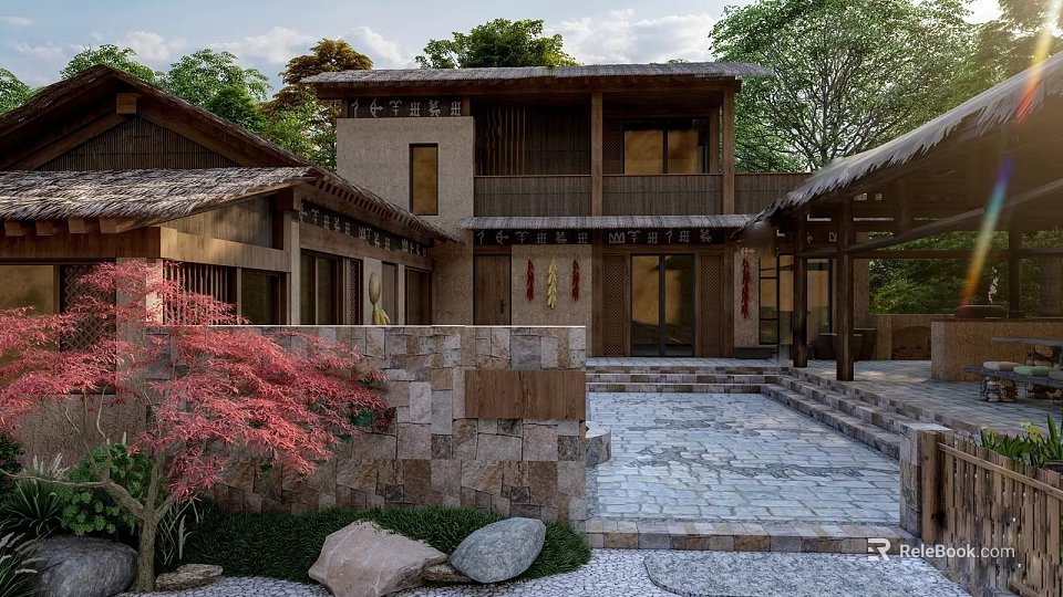 Traditional Garden Landscape With Stone Courtyard Red Maple Tree And Wooden Architecture 3d model 