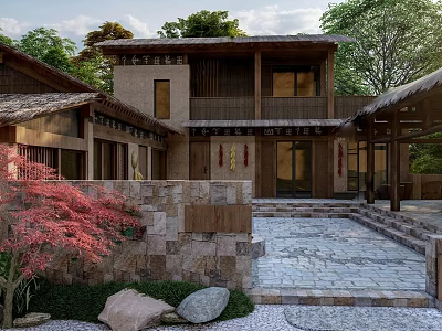 Traditional Garden Landscape With Stone Courtyard Red Maple Tree And Wooden Architecture 3d model