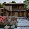 Traditional Garden Landscape With Stone Courtyard Red Maple Tree And Wooden Architecture