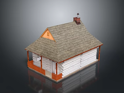 Traditional Wooden House Featuring Gray Shingle Roof Small Chimney White Walls and Orange Porch Pillars 3d model