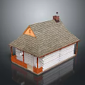 Traditional Wooden House Featuring Gray Shingle Roof Small Chimney White Walls and Orange Porch Pillars