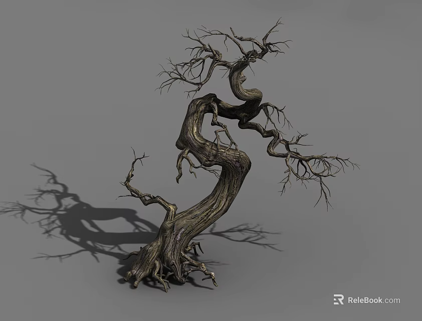 Leafless Tree With Twisted Trunk And Exposed Roots Against Gray Background 3d model 